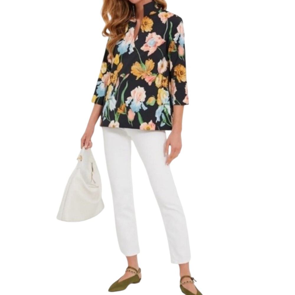 Tuckernuck Moonlit Iris Floral Margot Top Modest V‎ Neck Black 3/4 Sleeve Medium